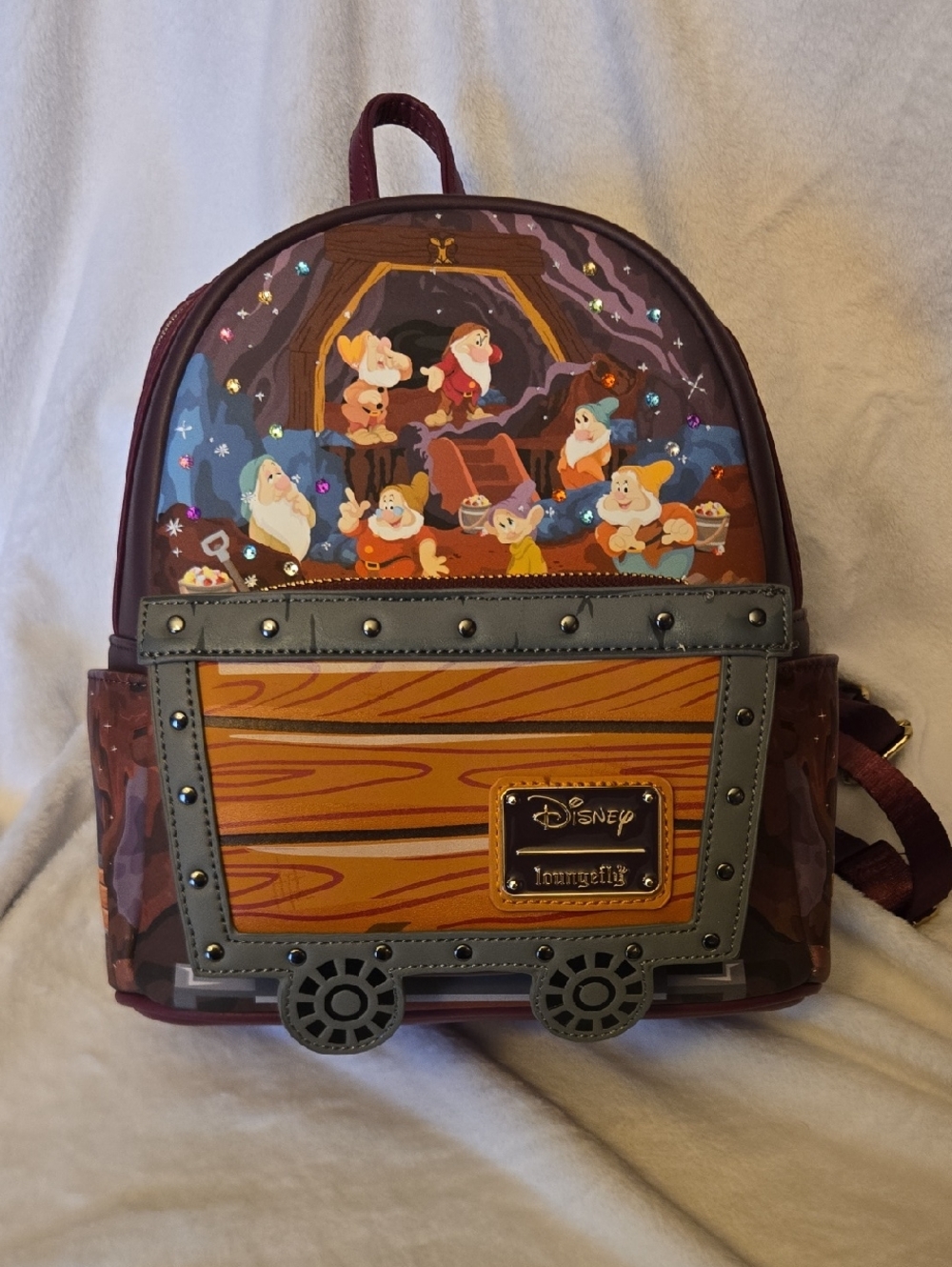 Loungefly Burgundy Snow White Seven Dwarfs Mine Train Mini Backpack